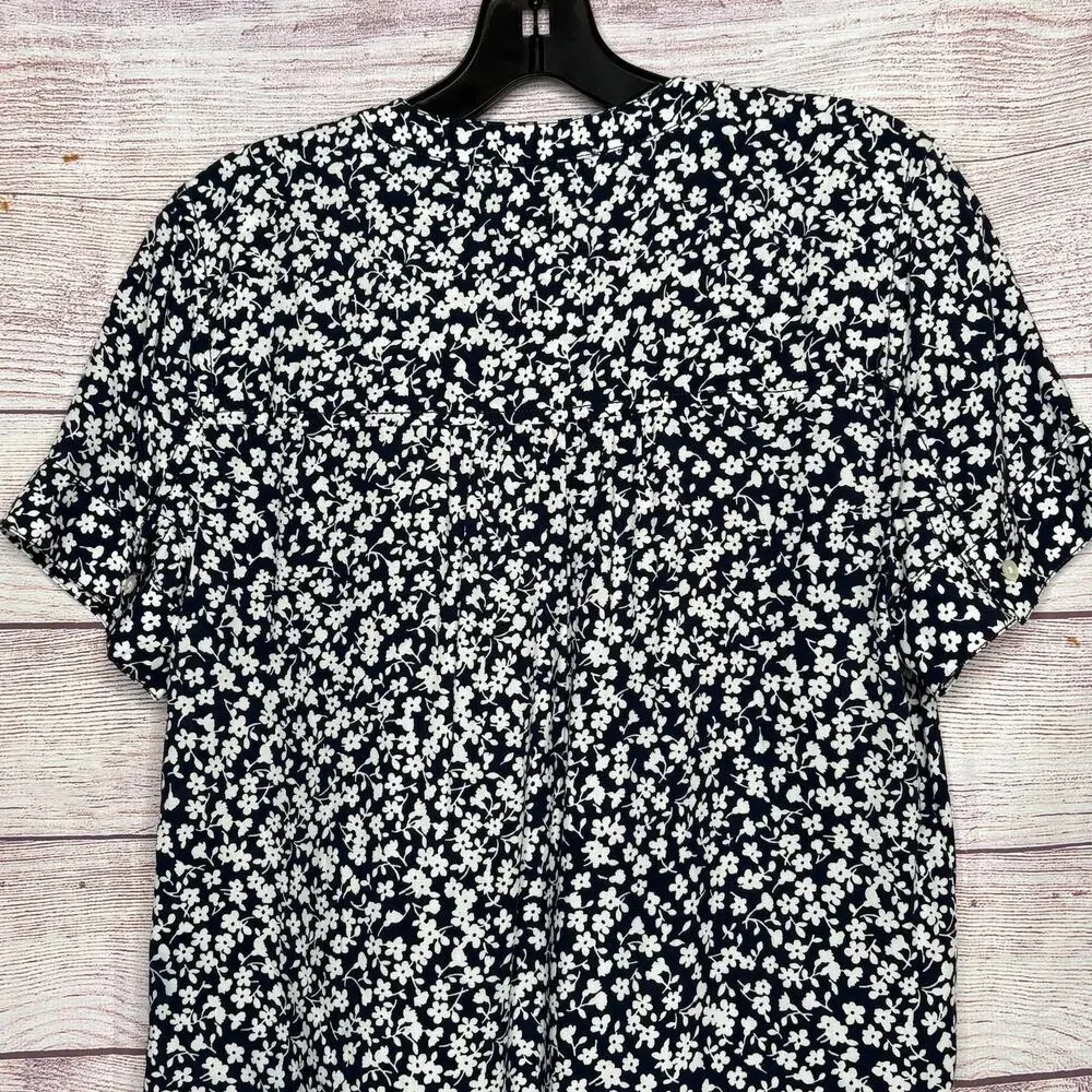 J. Crew Navy White Ditzy Floral Popover Cuff Short Sleeve Blouse Top Size XS New